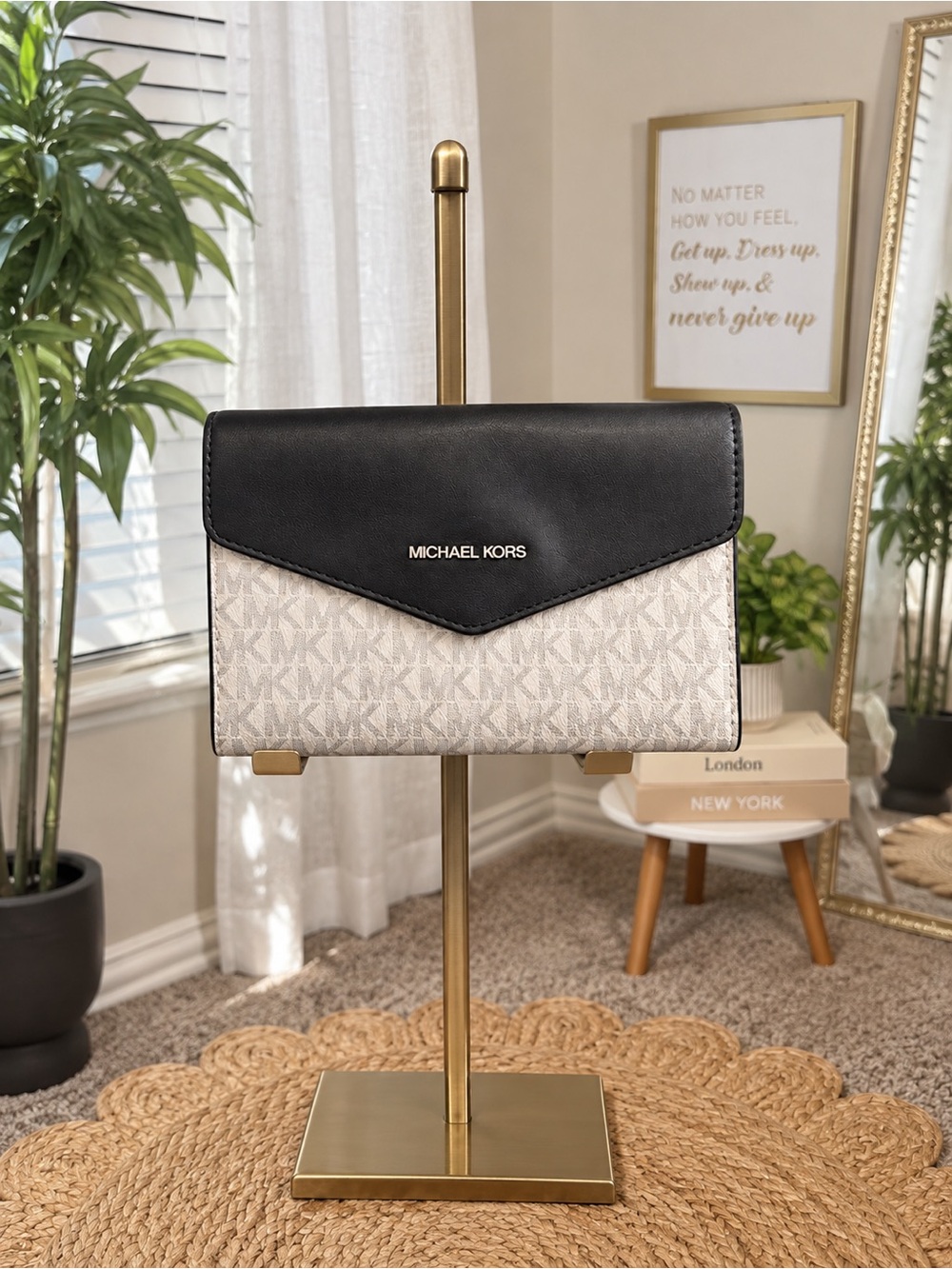 Michael Kors White Signature MK & Black Envelope Clutch